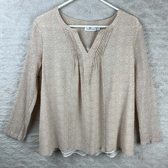 VINEYARD VINES Silk Pinktuck Blouse Top Cream w/ Tan Polka Dots XL - Picture 2 of 15